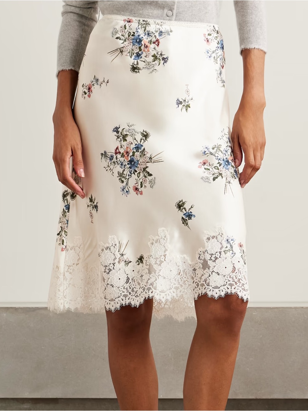 Doen Elowette Silk Lace Floral Knee Length Midi Skirf Primrose Bouquet White